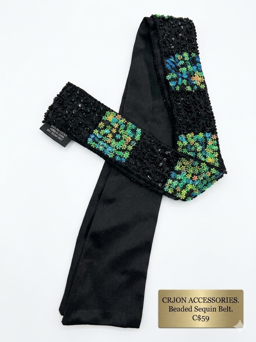 Vintage Crjon Accessories Beaded Sequin Belt Satin Bow Y2K Black NWOT